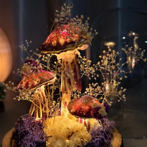 May include: A decorative mushroom arrangement with illuminated caps in shades of red, purple, and gold. The mushrooms are adorned with delicate white floral accents and sit atop a bed of purple and yellow dried flowers. The arrangement is displayed in a glass dome.