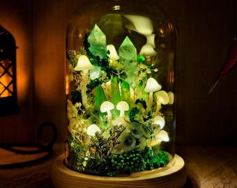 Green Crystal Mushroom Lamp, Healing Crystal Pillars Night Light, Handmade Forest Moss Decor on Wood Base, Enchanted Nature Gift for Her