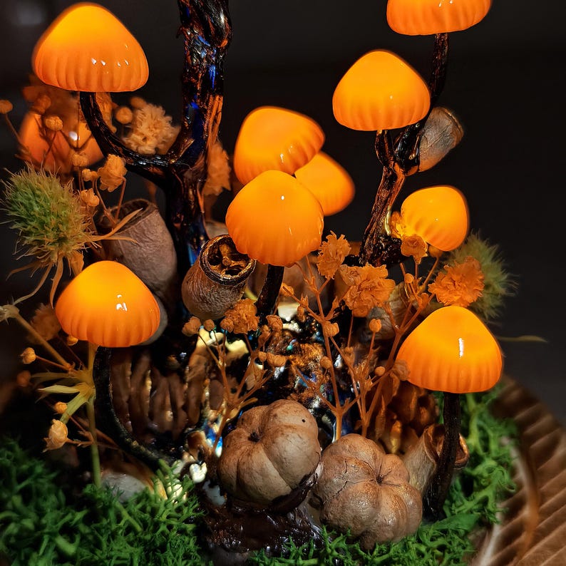 May include: A decorative arrangement featuring glowing orange mushroom lights. The mushrooms are clustered among dried flowers, moss, and small gourds. The arrangement is set against a dark background, creating a whimsical, illuminated display.