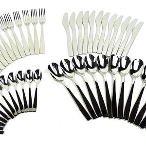 May include: A set of silverware, including forks, spoons, and knives, arranged in a fan shape. The silverware is made of polished stainless steel.