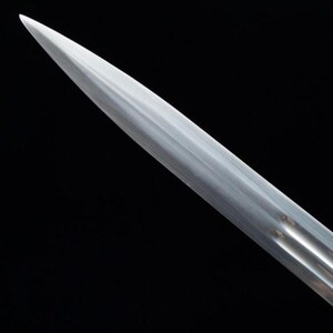 Pu&ograve; includere: Primo piano di una lama di spada argentata e lucidata su sfondo nero. La lama si assottiglia fino a una punta affilata, riflettendo la luce. La superficie della spada presenta sottili scanalature, che suggeriscono un oggetto storico o decorativo.