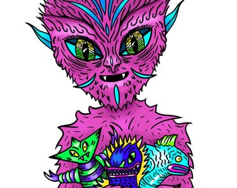 Print alien boy and kaiju toys 4x6 inches 10x15 cm children illustration