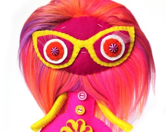 OOAK handmade ooak felt art doll with glasses Ro-Ro pink orange and yellow fluorescent