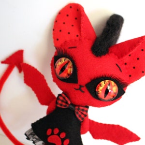 devil cat kitty handmade felt art doll ooak red HELLDORA image 1