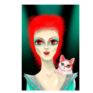 Print Glampire 4x6 inches 10x15 cm David Bowie inspired glam vampire and kitty drawing illustration
