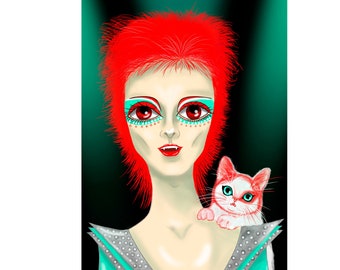 Print Glampire 4x6 inches 10x15 cm David Bowie inspired glam vampire and kitty drawing illustration