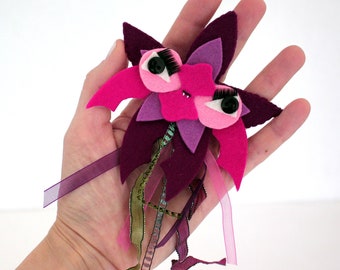 Vampire flower pink and purple handmade felt brooch original accessory botanical beast