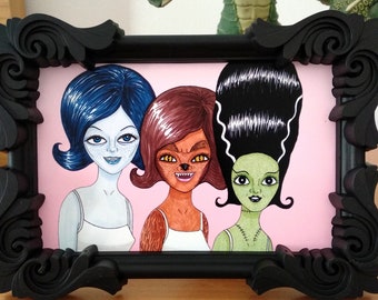 Print The Spooklettes girlband spooky cute monster girls illustration vampire wereworlf girl the bride of frankenstein 4x6 inches 10x15 cm