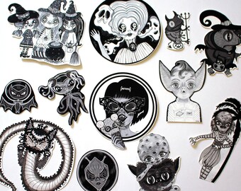 Set of 12 handmade spooky cute stickers black and white Drawlloween and Halloween monsters themed