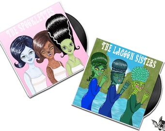 Set of 2 handmade stickers cute spooky girls girlband the creature from the black lagoon vampire werewolf the bride of frankenstein
