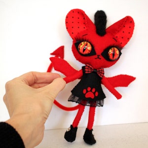 devil cat kitty handmade felt art doll ooak red HELLDORA image 4
