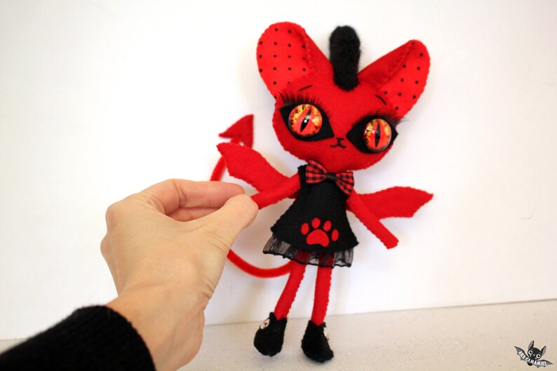 devil cat kitty handmade felt art doll ooak red HELLDORA image 4