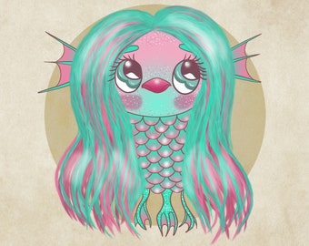 Print amabie yokai mermaid 4x6 inches 10x15 cm drawing illustration