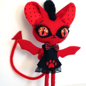 devil cat kitty handmade felt art doll ooak red HELLDORA image 3
