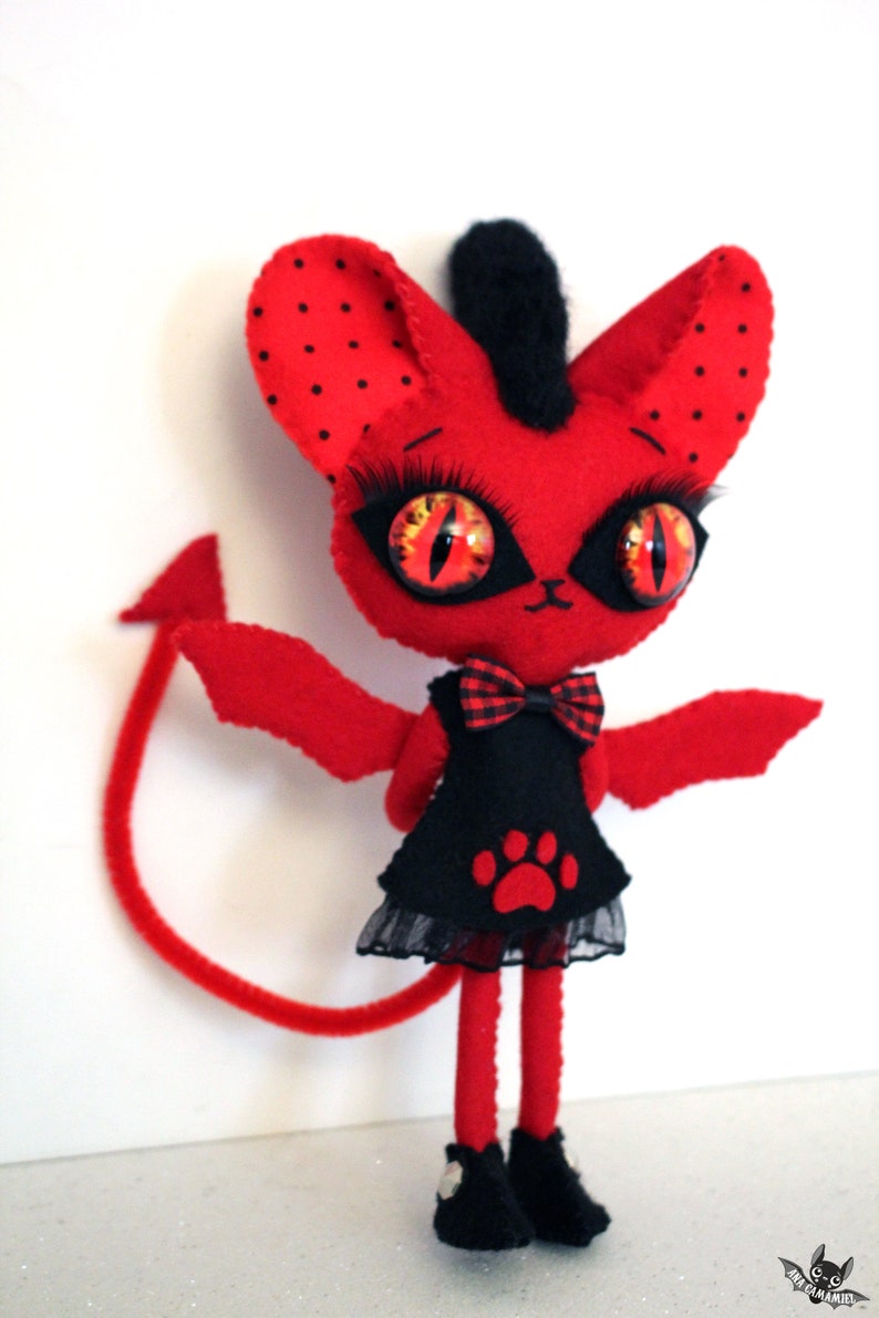 devil cat kitty handmade felt art doll ooak red HELLDORA image 3