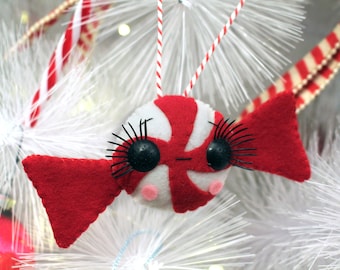 Red peppermint candy Christmas ornament handmade felt cute little plush