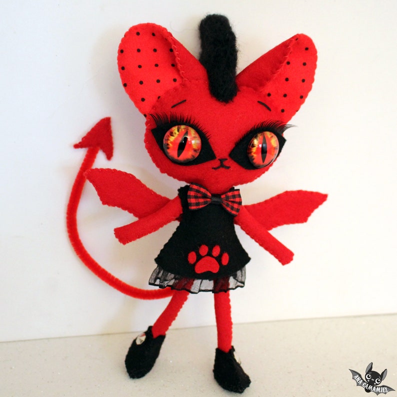devil cat kitty handmade felt art doll ooak red HELLDORA image 7
