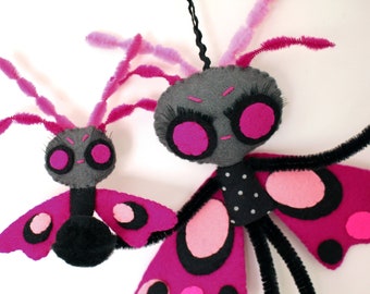 Mothman mom and daughter moths ooak hanging felt art dolls decoration ornament