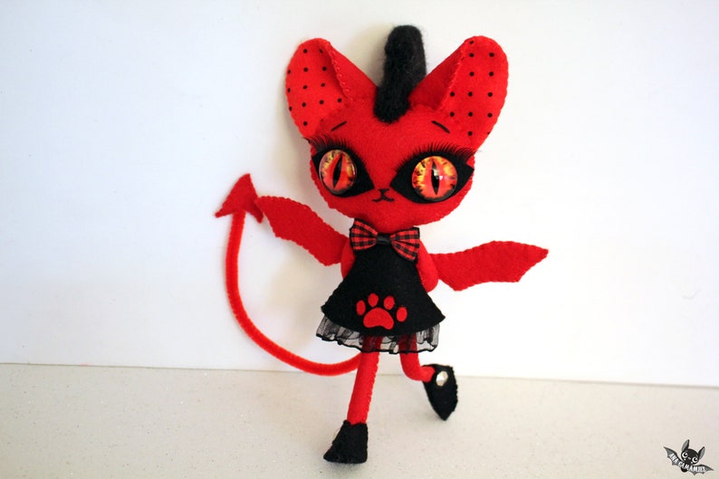 devil cat kitty handmade felt art doll ooak red HELLDORA image 2