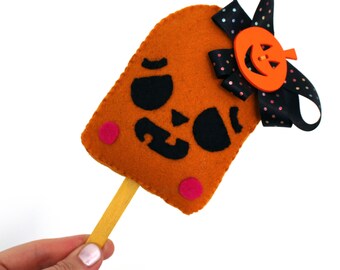 Pumpkin popsicle handmade felt plush ooak doll Halloween decoration