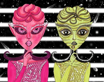 Print Chupachups aliens 4x6 inches 10x15 cm extraterrestrials lollipop scifi space drawing illustration