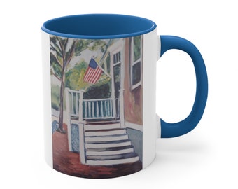 4th of July Coffee Mug Two-Tone With Flag Red or Blue From Original Painting of Nantucket by artist Andrea Goldsmith