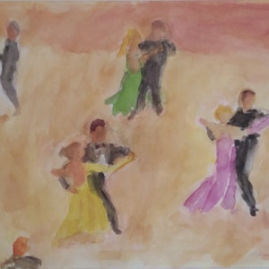 Original Watercolor Dance Painting Line of Dance by artist Andrea Goldsmith Handmade
