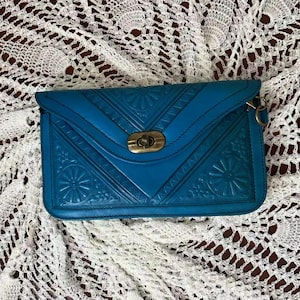 Cartera de cuero hecha a mano, hecha a mano en Marruecos, diseño de flores, bolsillos, bolso pequeño de cuero