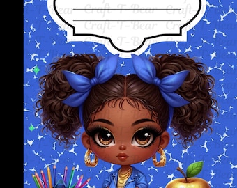 May include: Composition book with a blue background and a cartoon illustration of a girl with brown curly hair, wearing a blue outfit, and gold hoop earrings. A backpack, books, and a golden apple are also featured.