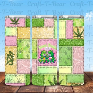 May include: A set of three stainless steel tumblers with a patchwork design. The design features cannabis leaves, Care Bears, and the text "Best Buds" in a colorful pattern of pink, green, and yellow. The tumblers are approximately 8 inches tall.