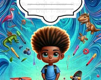 May include: Composition book with a cartoon illustration of a boy with a backpack, skateboard, and apple. The background is a swirling blue and teal design with various school-themed elements like pens and a stack of books. The text "COMPOSITION BOOK" is at the top.