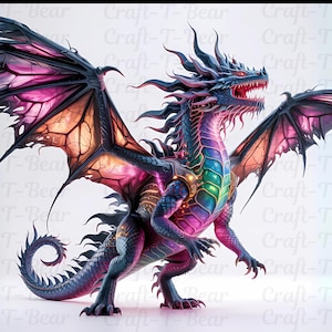 May include: A vibrant purple and blue dragon with iridescent scales and large, translucent wings. The dragon has a fierce expression and is posed in a standing position with its wings spread.