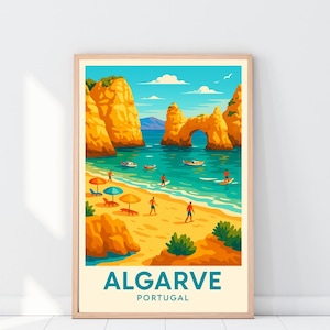 Algarve Reise Poster Wandkunst Portugal Reisedruck, Geburtstags- & Hochzeitsgeschenk, Küstenreisedekoration, Algarve Portugal Karte Kunst, lebendige Kunst