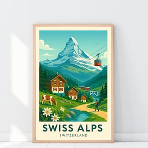 Swiss Alps Travel Poster Wall Art, Vintage Switzerland Alps Print, Modern Home Décor, Bright Birthday & Wedding Gift Artwork, Swiss Mountain