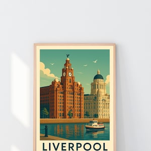 Póster de Liverpool, impresión de viaje a Liverpool, arte mural británico, regalo de boda y cumpleaños, decoración de viaje para el hogar, obra de arte de paisaje urbano moderno del Reino Unido