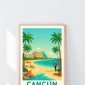 Cancun Travel Wandkunst, lebendige Skyline Poster, Reise-Druck-Dekor, Geburtstags- und Hochzeitsgeschenk für Zuhause, moderne Mexiko-Kunst, Cancun Urlaub