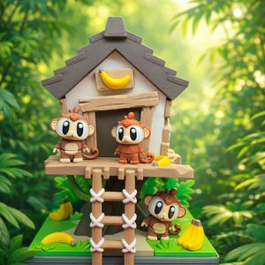 May include: A charming diorama of a treehouse with three cartoon monkeys. The brown treehouse has a banana on the front. Two monkeys stand on the platform, and one is on the ground. Bananas and green foliage complete the scene.