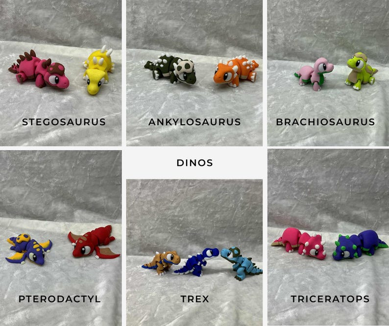 May include: A collection of colorful dinosaur figurines, including Stegosaurus, Ankylosaurus, Brachiosaurus, Pterodactyl, Trex, and Triceratops. Each dinosaur is a different color, with the names of the dinosaurs written below them.