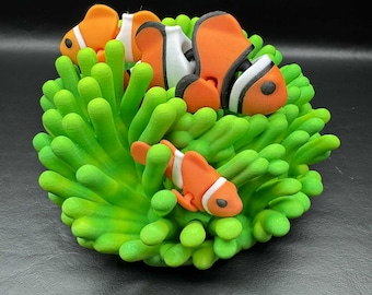 3D Printed Clownfish in Sea Anemone: Coral Reef Display Sculpture |