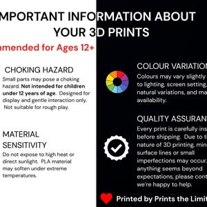May include: A black and white graphic with text about 3D prints. The text includes warnings about choking hazards, material sensitivity, and color variation. It also mentions quality assurance and recommends the product for ages 12 and up.