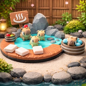 May include: A miniature Japanese onsen scene featuring capybara figurines. The scene includes a wooden sign, a small pool, rocks, and a wooden tub filled with blue balls. The background features a wooden fence and lush greenery.