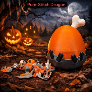 May include: A Halloween-themed image featuring an orange dragon toy and a large orange egg-shaped container with a bone on top. The dragon is orange, gray, and white. Two carved pumpkins with glowing faces are in the background. The text "Pum-Stitch Dragon" is at the top.