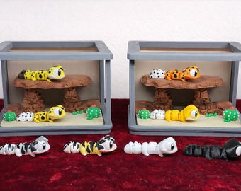 3D Printed Leopard Gecko Habitat Playset – Articulated Gecko Figurines | Desert Terrarium |