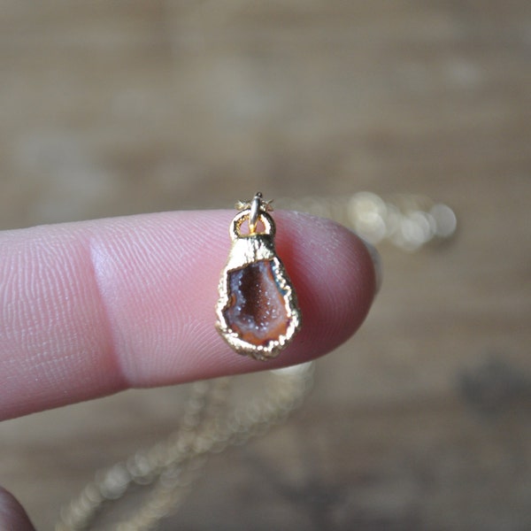 Tiny Geode Necklace in Gold - Single Stone Layering Necklace - Orange Geode Necklace Gold