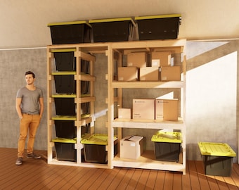 Bin Storage Plans - DIY Tote rack | Tote Storage Rack DIY plan | 27 Gallon Tote Rack with Shelf DIY plan