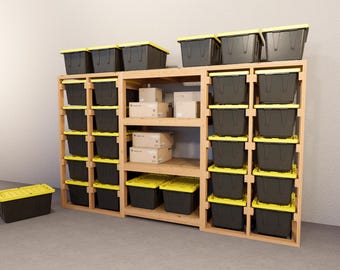 Tote storage rack with shelf Plans | 27 Gallon storage plan DIY garage shelves |Garage storage Bin rack storage PDF