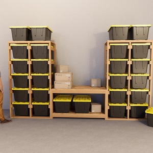 Tote rack with table PDF | 27 Gallon Storage plan DIY | garage shelves Plans | Garage storage Bin rack storage