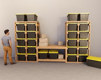 Tote rack with table PDF | 27 Gallon Storage plan DIY | garage shelves Plans | Garage storage Bin rack storage