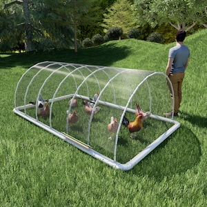 May include: A white, rectangular, wire-mesh chicken coop with a clear plastic cover. The coop is on a grassy lawn and there are several chickens inside.