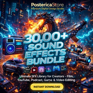 Puede incluir: Anuncio de estudio de diseño digital con temática futurista. La imagen presenta un dragón, armas y un paisaje urbano. El texto dice "30.000+ Sound Effects Bundle" y "Instant Download". El paquete es para creadores de películas, YouTube, podcasts, juegos y edición de vídeo.
